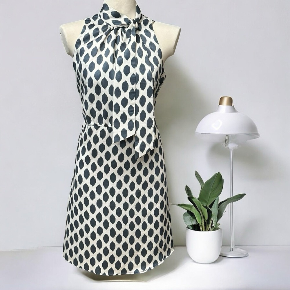 Love 21 Halter Dress Size L Gray White Polka Dot Sleeveless Nehru Tie Keyhole